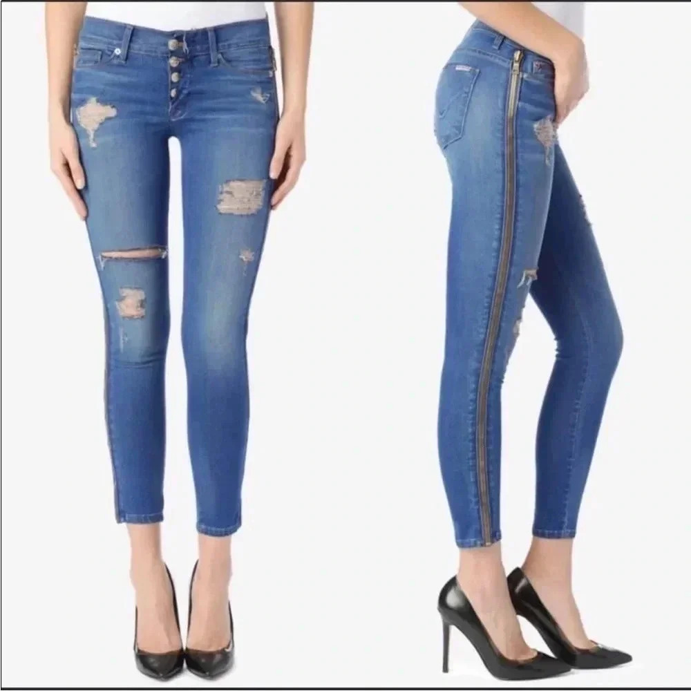 Hudson Jeans Blue Distressed Ankle Skinny with Side Zip